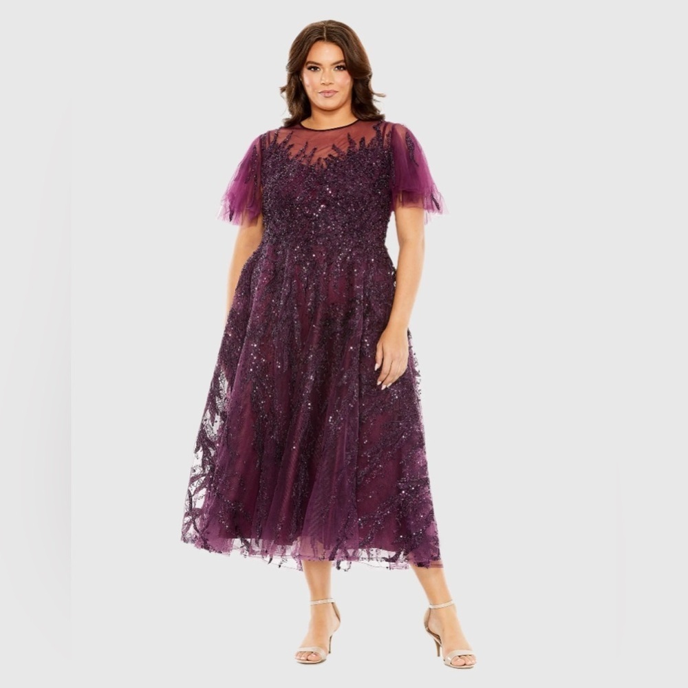 Mac Duggal 20477 NWT Purple High Neck Flutter Sleeve A Line Embellished Dress